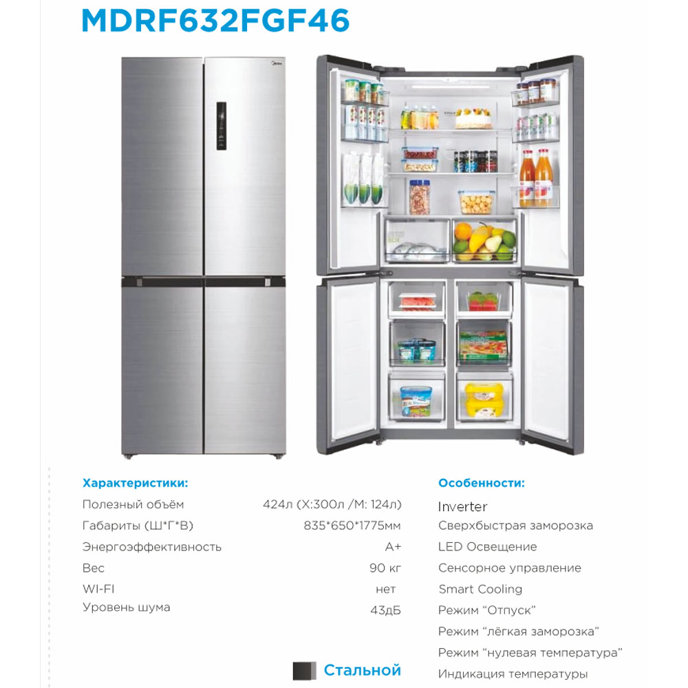Холодильник Midea MDRF632FGF46, Стальной