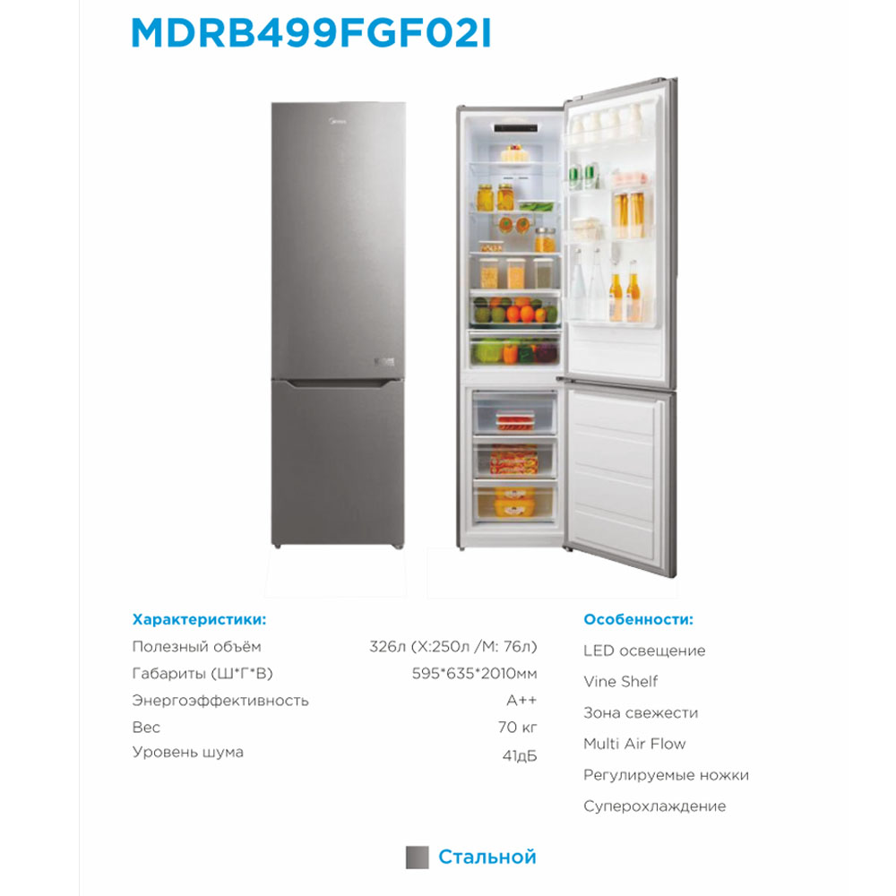 Muzlatgich Midea MDRB499FGF02I, Стальной