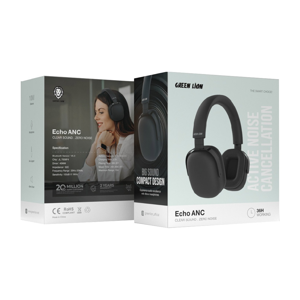Quloqchin Green Lion Wireless Echo ANC, Qora (GNECHANCBK)